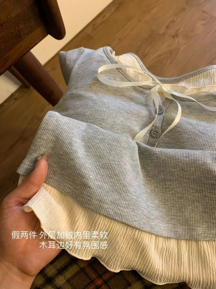 Advbridge Wooden Lace-up Fake Two Pieces T-Shirts Long Sleeve Female Ropa De Mujer Slim Tees Base Shirt Korean Fashion Y2k Tops