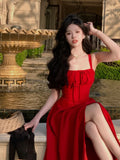 Advbridge French Elegant White Strap Midi Dress Summer New Casual Evening Party Dress Women Beach Sleeveless Lace-up Red Dress Korean