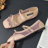 ADVBRIDGE  -  Leather Mesh Patchwork Designer Mary Jane Shoes Woman Elegant Red Bow Square Toe Ballet Flats Comfortable Breathable Flat Shoes