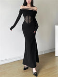Advbridge  -  Black Off-Shoulder Hollow Out Maxi Dress Women Lace See-Through Patchwork Printed Sexy Dress Ladies Party Dress Clothes
