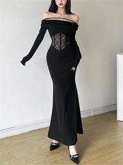 Advbridge  -  Black Off-Shoulder Hollow Out Maxi Dress Women Lace See-Through Patchwork Printed Sexy Dress Ladies Party Dress Clothes