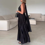 Advbridge Elegant Solid Color Sleeveless Hollow Party Dress Sexy Deep V Neck Pleated Long Dress Lady Halter Lace-up High Split Beach Dress