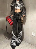 Advbridge Black Frayed Straight-leg Jeans Fashion High Street Trendy Straight Jeans Harajuku Style Hip Hop Y2k Trousers Baggy Jeans