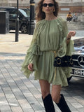 Advbridge Pleated High Waisted Solid Color Casual Women's Dress Chic Layered Ruffled Flared Long Sleeved Robes Ladies Street New Vestidos