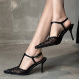 ADVBRIDGE  -  Sexy Pointy Toe Mesh Heeled Sandals Women Luxury Bling Decorated High Heels Elegant T-Strap Ankle Strap Buckle Party Dress Shoe