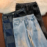 Advbridge American Retro Plaid Ladies Wide Leg Traight Jeans Women Loose Joker Hip Hop Street Comfort Button Zipper Waist Stitching Trouse