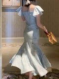 Advbridge Elegant Evening Party Midi Dresses for Women Summer French Vintage Halter Print Mermaid Slim Female Clothes Blue Dress Robe