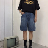 Advbridge  Women's Retro Minimalist Letter Print Design Wide Leg Blue Denim Shorts Unisex Style Capris Summer Female High Waist Loose Jeans