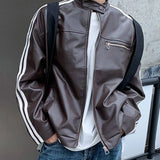 Advbridge Mens Autumn Biker White Stripe Maillard Leather Jacket Genderless Trendy Retro Casual Street Simple Leather Jacket Unisex