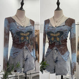 Advbridge Women's Sexy Mesh V-neck Navel-Baring T-shirt Skinny Hot Girl Denim Butterfly Embroidered Patchwork Top Essential Streetwear8921