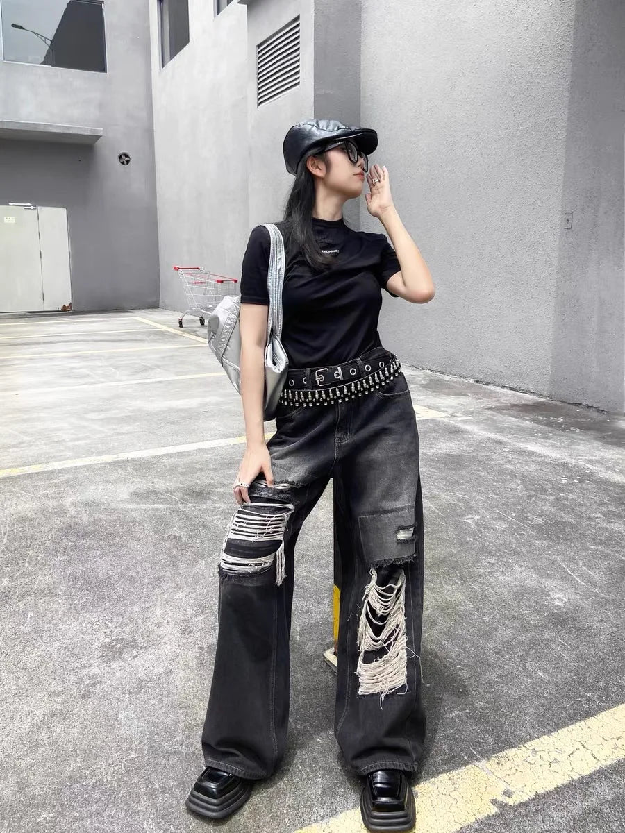 Advbridge Women's Black Gothic Y2k Ripped Jeans Baggy Aesthetic Denim Trousers Harajuku Oversize Jean Pants Vintage 2000s Trashy Clothes