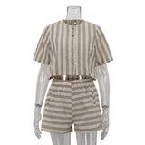 ADVBRIDGE  -  New Striped 2 Piece Set Women Crew Neck Single Breasted Short Sleeve Short Blouse Summer Elegant Casual Fashion Shorts Sets