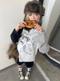 Advbridge  Harajuku Anime T-shirts Women Japanese Style Kawaii Graphic Tops Vintage Striped Patchwork Casual Long Sleeve Tees Loose