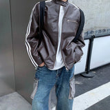 Advbridge Mens Autumn Biker White Stripe Maillard Leather Jacket Genderless Trendy Retro Casual Street Simple Leather Jacket Unisex