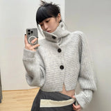 Advbridge Y2K Gray Striped Women Sweater Vintage Turtleneck Korean Fashion Knit Cardigan Harajuku Button Autumn Loose Old Money