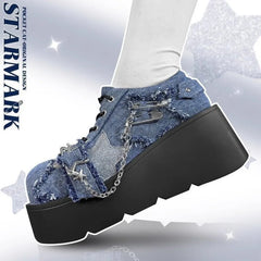 Advbridge 2024 New Y2K Star Print Chunky Platform Ankle Boots Women Metal Chain Blue Denim Boots Woman Cute Thick Bottom Jk Lolita Shoes