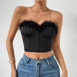 Advbridge-Women Feather Bustier Camisole Bare Shoulder Sleeveless Crop Tops Sexy Strapless Boned Corset Slim Lingerie Tank Top Streetwear