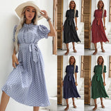 Advbridge New Women's Short-sleeved Polka-dot Pleated Dress Round Neck Tie-up Elegant Dresses for Women Flare Sleeve Summer Dress