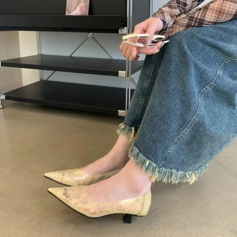 Advbridge  -  Fashion PVC Transparent Heels Pumps Women Pointed Toe Printing Slip-On Shoes Ladies Shallow Elegant Middle Heel Footwear