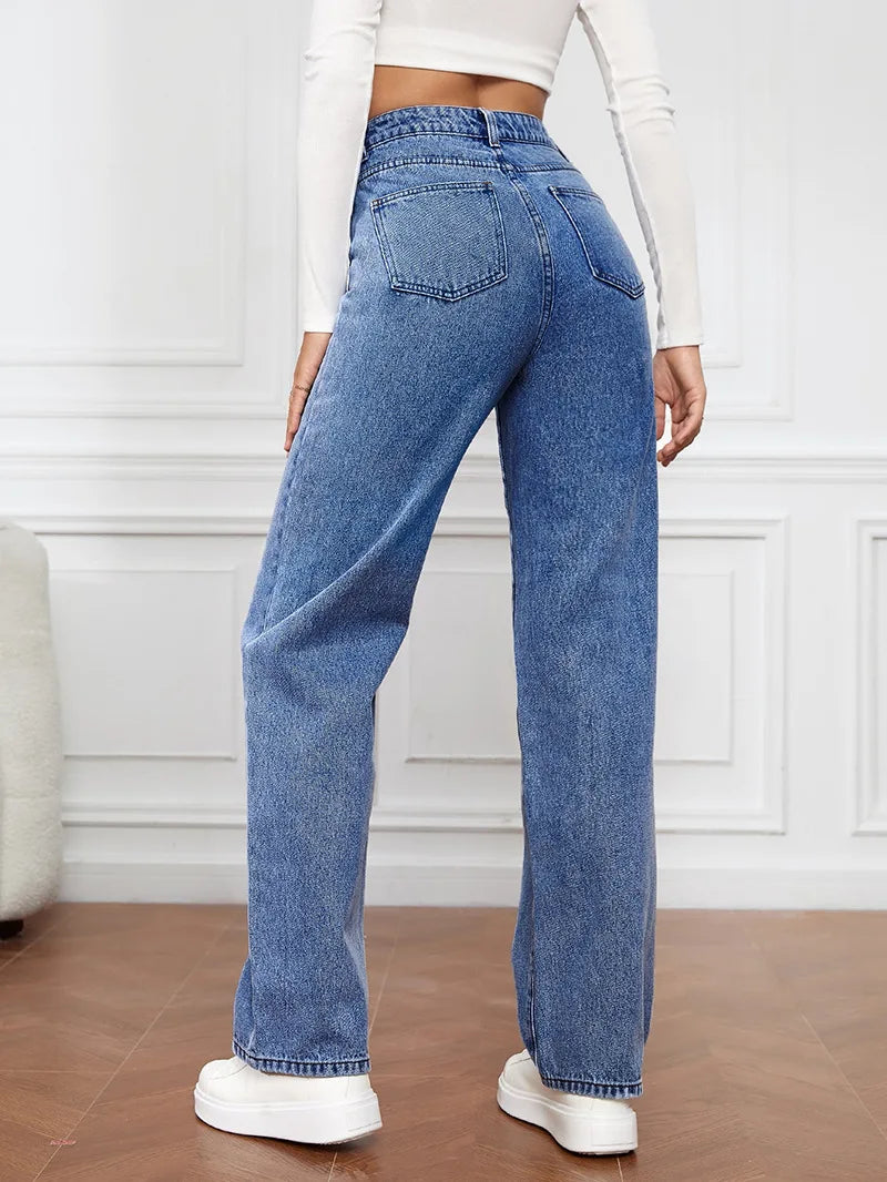 Advbridge Jeans Stretch Washed Denim Pants Women Summer Fashion Versatile Straight-Leg Denim Trousers Straight Jeans Chunky Pants