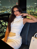 Advbridge Pleated Sleeveless Long Dresses Women Elegant Solid Bodycon Turtleneck  Hip Package White Dress 2024 Summer Evening Party Robe