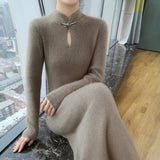 Advbridge 100% Mink Cashmere Dress Women's Stand up collar Pullover Long Skirt Slim Fit Fashion Long Warm Dress Autumn Winter Solid Color