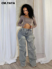 Advbridge  Women Streetwear Button Cutout Cargo Straight Denim Wide Leg Jeans Pants 2024 INS Elastic Fashion Party Cargo Trousers