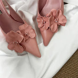 ADVBRIDGE  -  Pink High Heels Sexy Pointed Toe Slingback Shoes Design Flower Low Heel Office  Shoes White Pumps Chaussures Femme