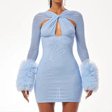 ADVBRIDGE  -  Women's Mesh Cross Hollow Long Sleeved Plush Cuffs Tight Sexy See-through Wrapped Hip Short Dresses Party Nightclub Outfit