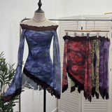 Advbridge Tie Dye Leopard Print Women's Boat Collar Big Bell Sleeve Top Lace Double Layer Mesh Irregular Y2k Shirt Blouse Summer Club Wear