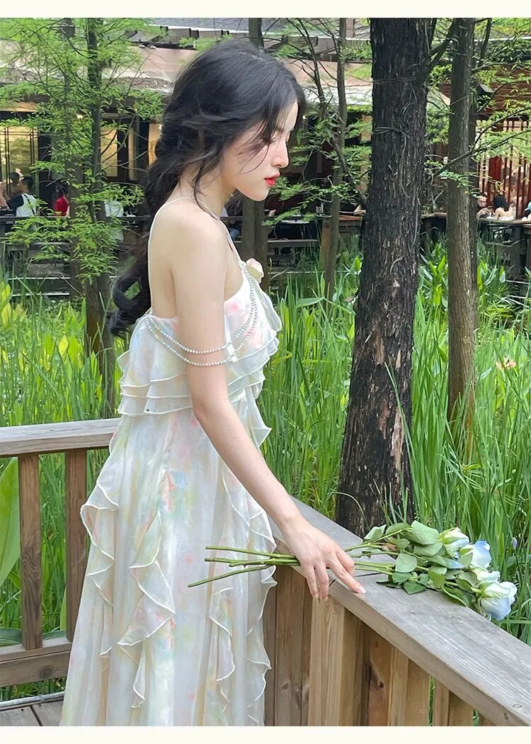 Advbridge France Vintage Sweet Tie-dyed Fairy Dress Summer Women Elegant Chic Ruffles Princess Dresses Female Casual Beach Vestidos