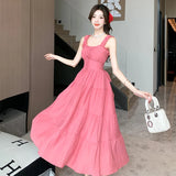 ADVBRIDGE  -  Summer Rose Pink Suspenders Strap Dresses Sweet Women Square Collar Ruffle Cute Backless Sexy Elegant Dress Female Casual