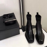 Advbridge British Runway Show Square Toe Short Tube Fashion Cut Chelsea Boots Fashionable Women's Street Pu Short Boots