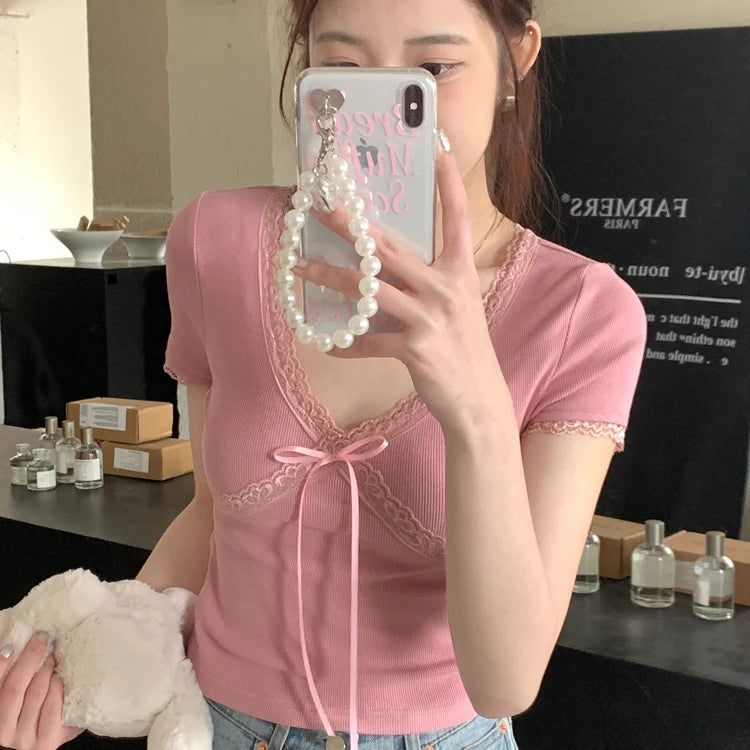 Advbridge  -  7Colors 2024 summer Korean style Short sleeve V Neck Lace Slim t-shirts womens tee shirt femme Sexy girls Short tops (X3152)