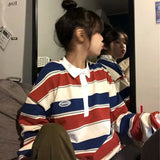 Advbridge Harajuku Style Retro Striped Hit Color Sweatshirt Polo Collar Pullover Female Sweatshirt Spring Autumn Loose Vintage Preppy Tops