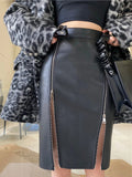 Advbridge Autumn Soft Black Pu Leather Midi Skirt Women with Double Slit Zipper High Waist Korean Style Fashion  Streetwear