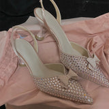 Advbridge Fashion Trendy Rhinestone Stiletto Sandals Women's Back Empty Bow Pointed High Heels 6.5cm