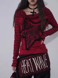 Advbridge  Gothic Off Shoulder Women T-shirts Red Harajuku Striped Japanese Y2k AestheticLong Sleeve Tops Vintage Goth Sexy Tshirts