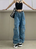 Advbridge Y2k Vintage Cargo Pants Women Multi-pocket Blue High Waist Jeans Streetwear Fashion Harajuku Casual Denim Wide Leg Pants