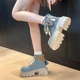Advbridge Booties Cowboy Platform Chunky Cowgirl Woman Short Shoes Denim with Laces Lace-up Round Toe Ankle Boots for Women High Quality
