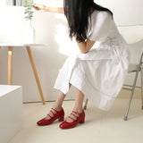 Advbridge French Marie Red Shoes Wedding Shoes Shallow V-Shape Buckle Vintage Thick Heel Genuine Leather Flats Women's Shoes Summer