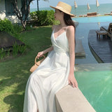 Advbridge  Beach Maxi White Dress Seaside Puss Sexy Backless Holiday Long Skirt Slimming Satin Slip for Summer Women Casual Bodycon Y2k