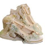 Advbridge French Vintage Lolita Girls Shoes Elegant Tea Party Palaca Ribbon Bowknot Pearls Gems Lace Pointed Sandals 5-6cm High Heeled
