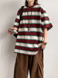 ADVBRIDGE  -  Heavy Cotton Men's Short Sleeve T Shirt Striped Summer Cotton Bottom Shirt Half Sleeve Long Fleece Cotton T Shirt Q250
