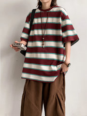 ADVBRIDGE  -  Heavy Cotton Men's Short Sleeve T Shirt Striped Summer Cotton Bottom Shirt Half Sleeve Long Fleece Cotton T Shirt Q250