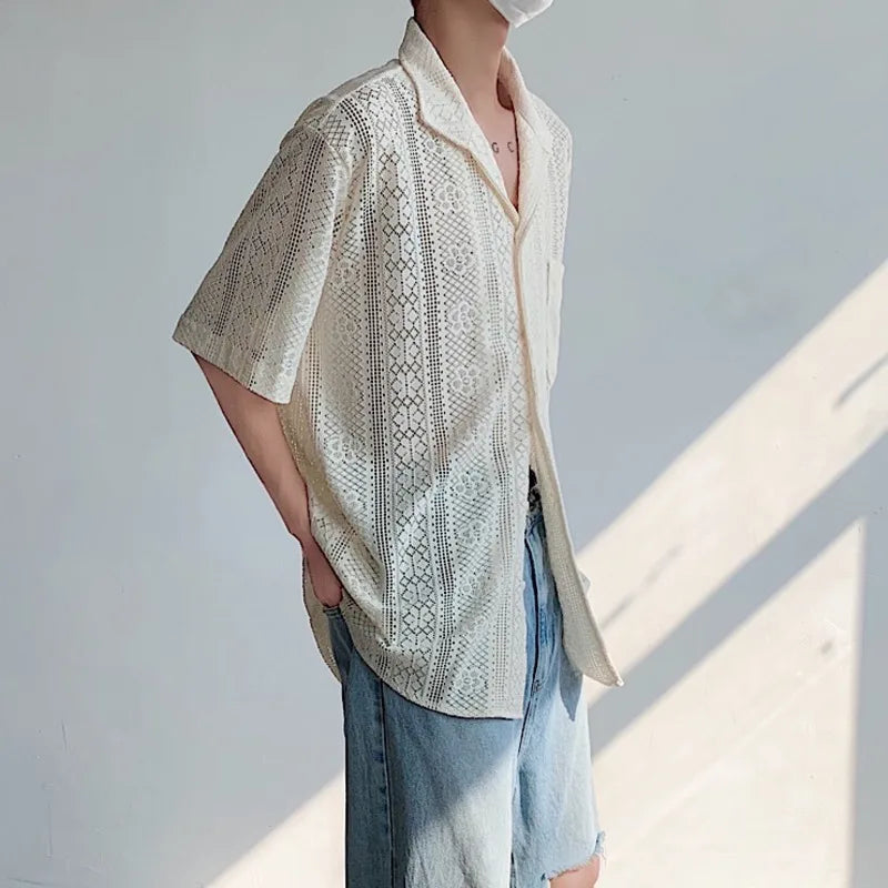 Advbridge Men's Fashionable Korean Style Hollow Out Turn-down Collar Trendy Single Breasted Short Sleeve 2024 Summer New Lace Top