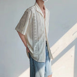 Advbridge Men's Fashionable Korean Style Hollow Out Turn-down Collar Trendy Single Breasted Short Sleeve 2024 Summer New Lace Top