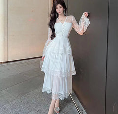 Advbridge Runway Autumn Mesh Flower Patchwork Chiffon Cake Long Dress Elegant Women V Neck Flare Sleeve Lace Ruffles White Party Vestidos