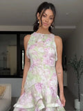ADVBRIDGE  -  Spring Chic Women Layered Ruffles Floral Printed Robes Elegant O-neck Sleeveless Slim Long Dress Summer Chic Lady Vacation Wear