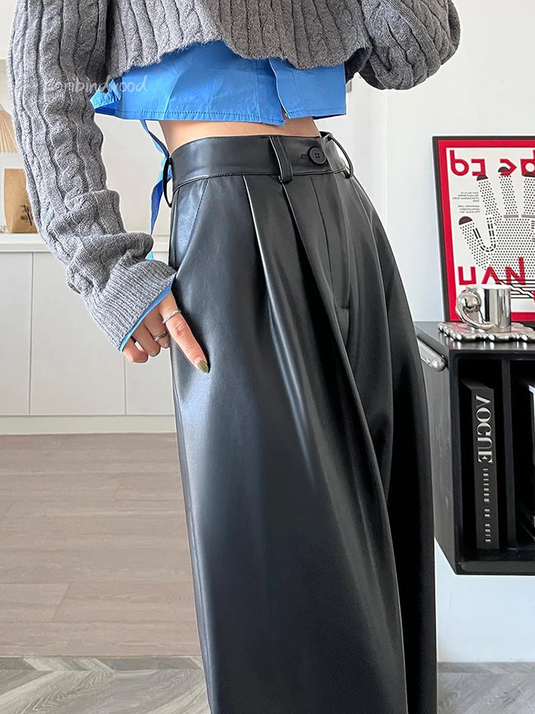 Advbridge -  Leather Pants Women's New Straight Slim Casual Pants Soft PU Leather Personality Loose Wide-leg Pants Women Autumn and Winter